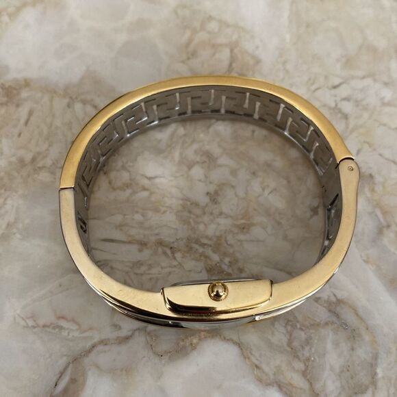 Greek Key Gold & Silver Tone Cuff Hinged Bangle Watch - Picture 9 of 12